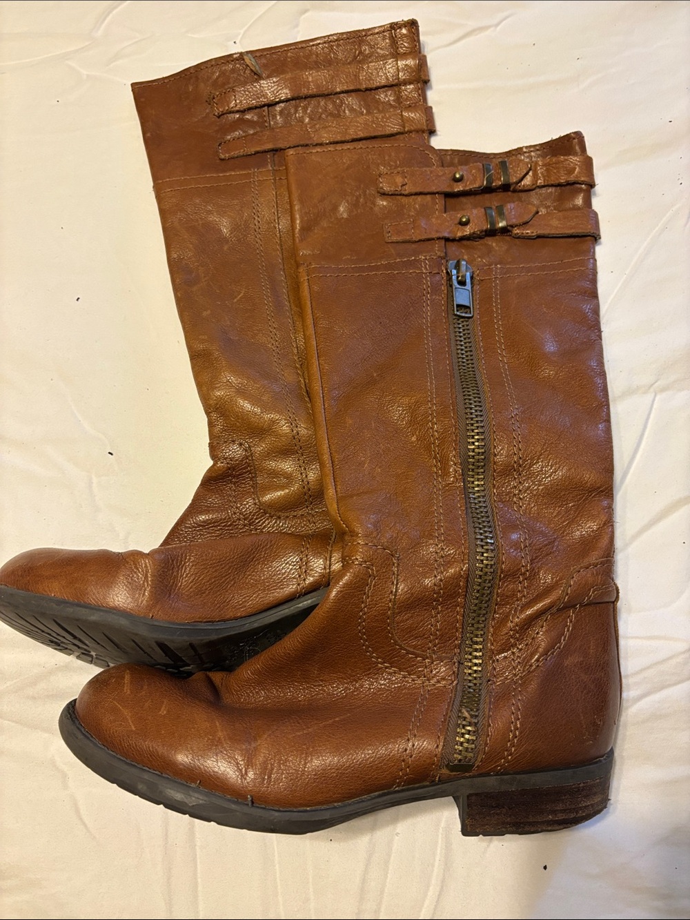Franco Sarto Brown Leather Mid-Calf Riding Boots with Side Zip